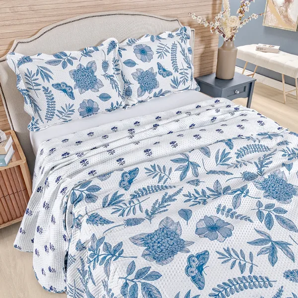 Kit Cobre Leito Colcha Casal Bouti 3 Peças Dupla Face Estampada Porta Travesseiro Aba Americana