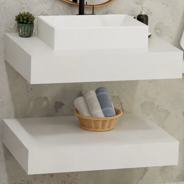 Bancada de Porcelanato + Cuba de Apoio + Prateleira 62x40 Elite Branca Cuba Branca