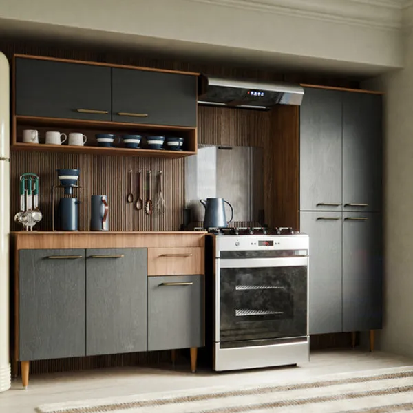 Armário de Cozinha Antonella Kit Cozinha Compacta com Paneleiro Balcão e Aéreo 6 Portas 2 Gavetas