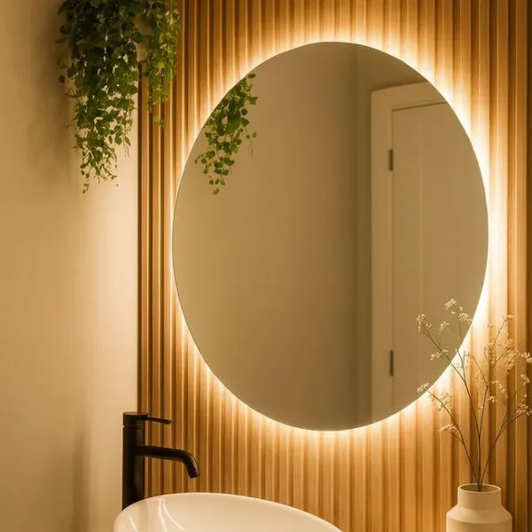 Espelho Redondo com LED Decorativo Moderno Iluminado Vidro Lapidado Vários Tamanhos