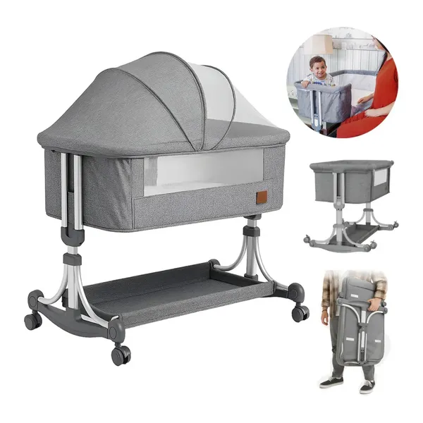 PIPDIP Berço De Balanço Bebês Colchão Mosquiteiro Cesto de Armazenamento Até 50kg Ergonômico Tubo De Ferro Poliéster