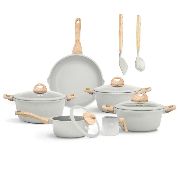 Jogo de Panelas 5 Peças Indução Gás Conjunto de Panelas Revestido em Cerâmica Granito Antiaderente Frigideira Caçarola