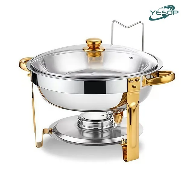YESOP Rechaud Redondo Fogão Buffet 5 Litros Dourado De Aço Inox Com Tampa e Fogão A Álcool