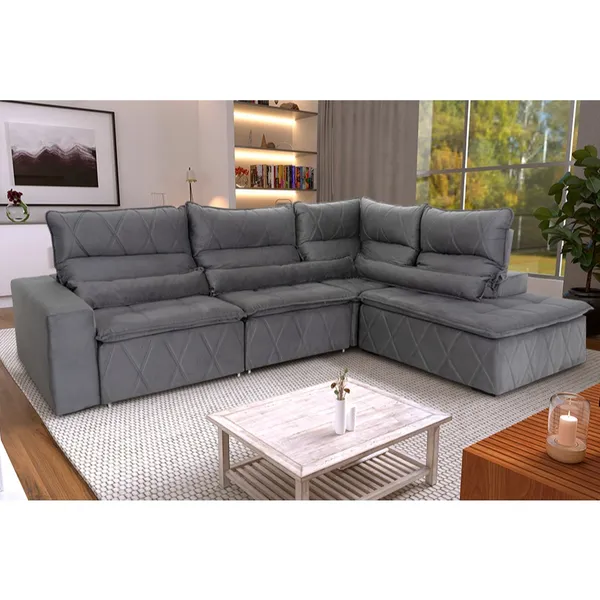 Sofá De Canto Amsterdam Cinza Molas Retrátil  Reclinável - King House