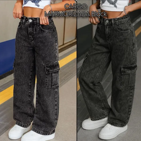Calça Jeans Infantil  Wide Leg Cargo Black Juvenil 6 ao 14  ALTO PADRÃO LINHA PREMIUM