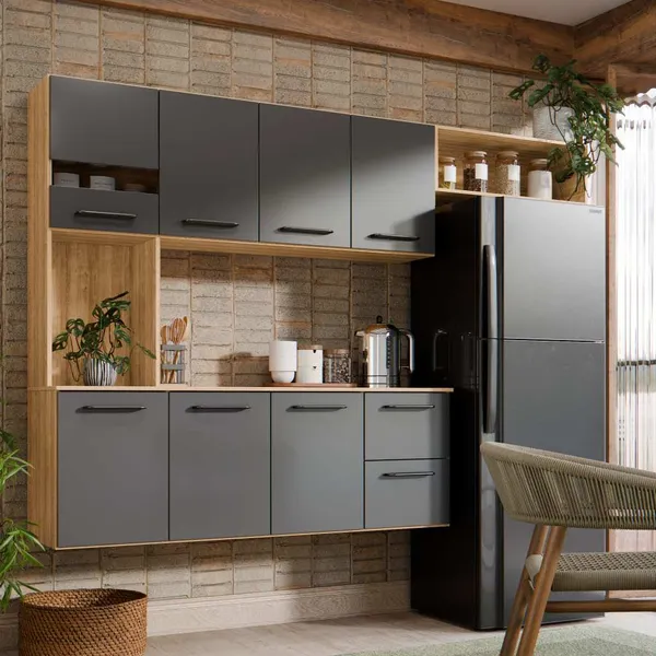 Armário de Cozinha Compacta Sala de Jantar 180cm Aereo Com 7 Portas e Gavetas Com Nicho Juliana