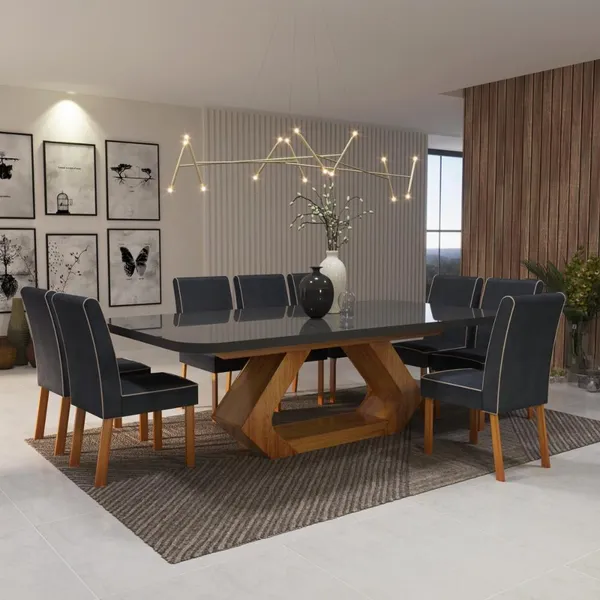 Sala de Jantar 220x110 Lottus MDF/Vidro 8 Cadeiras Bom Pastor