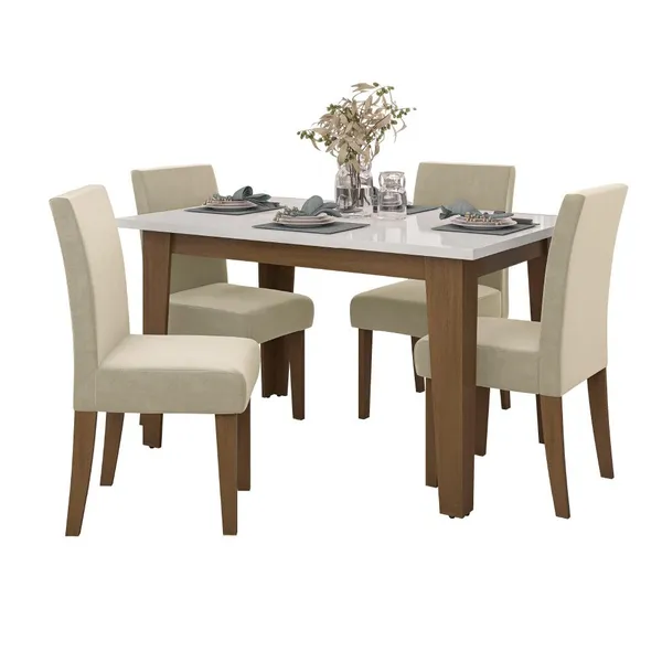 Conjunto de Mesa Sala de Jantar Miami com 4 Cadeiras Trieste Suede 1,20m Cedro / Off White / Areia D