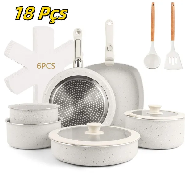 Jogo de Panelas de 18 Peças com Fundo Triplo Cerâmico, para Indução e Gás, com Cabo Removível