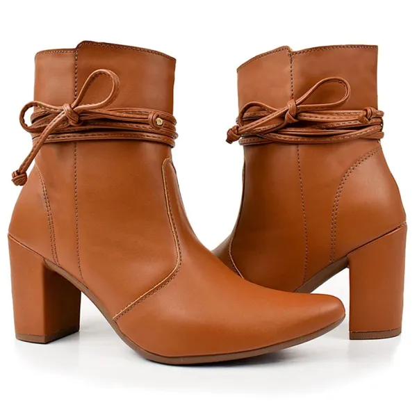 Bota Feminina Bico Fino Salto Alto Grosso Fashion Confortável de Amarrar Leve Original OLZZY