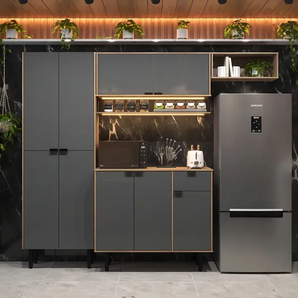 Cozinha Completa Compacta Mdf Estilo Industrial Com Armários Modulados E Puxadores Em Metal Mod: Cozinha Esperta Top