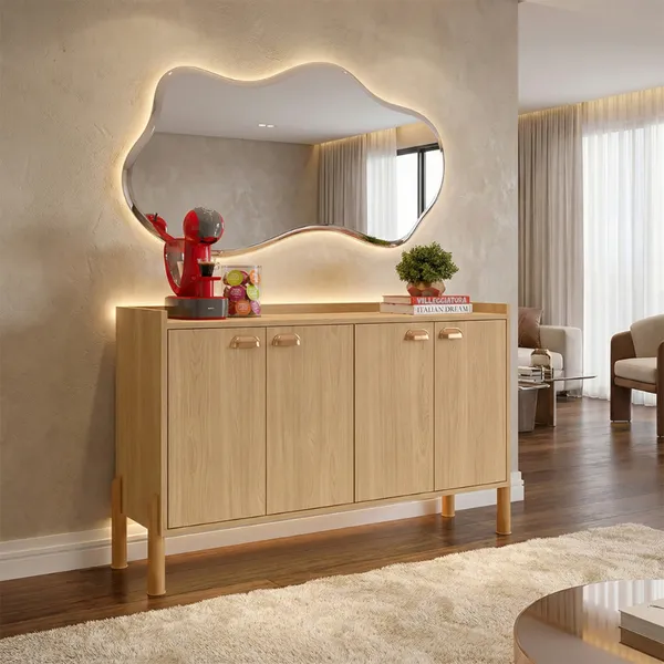 Aparador Chicago Organizador 4 Portas +  2 Prateleiras Internas  Puxador Concha Pés PVC Antiumidade  Chicago