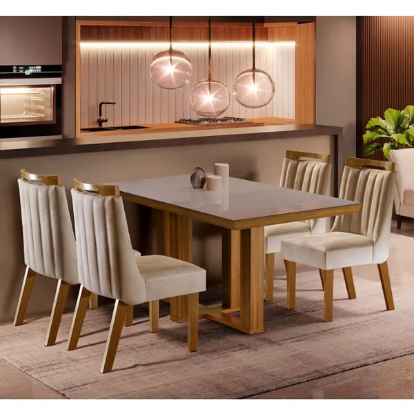 Conjunto Sala de Jantar Lottus Mesa Tampo em MDF e Vidro com 4 Cadeiras ShopKasa