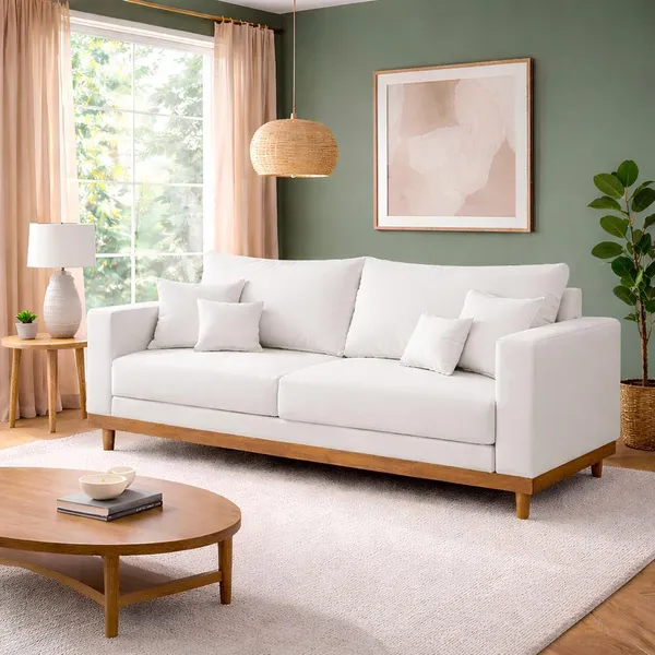 Sofá 3 Lugares Living Com Base Madeira Linho Balaqui Decor