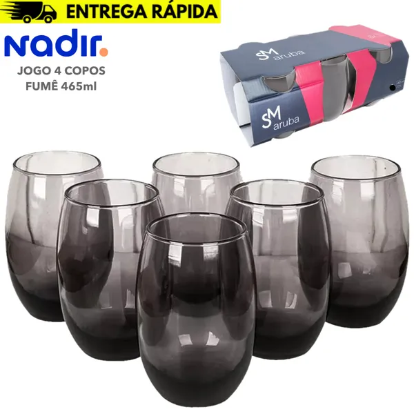 Jogo Copos Aruba Vidro Fumê Multiuso Luxo 465ml Cinza - 4 Copos Nadir Refrigerante Suco