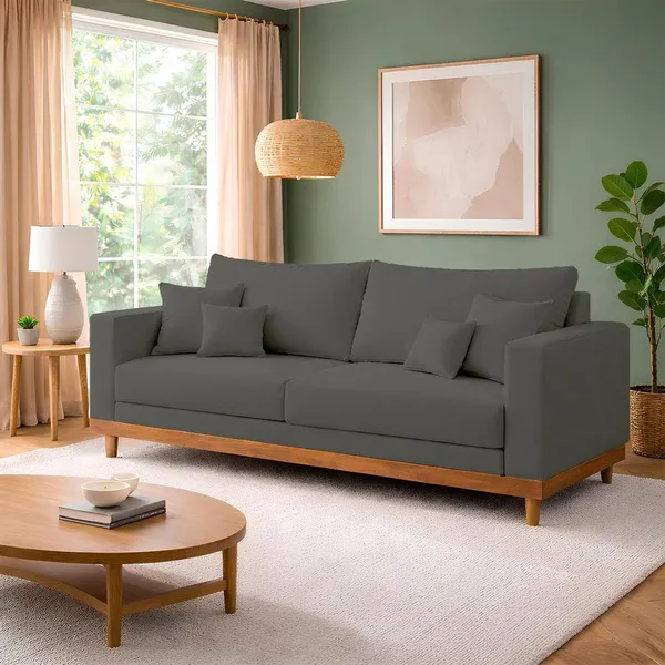Sofá 3 Lugares Living Com Base Madeira Suede Balaqui Decor