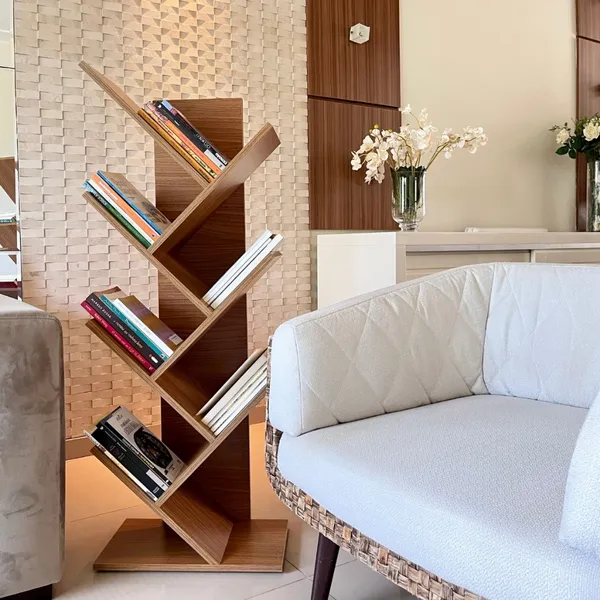Porta livros organizador suporte livreiro estilo arvore estante mdf moderno sala quarto compacto