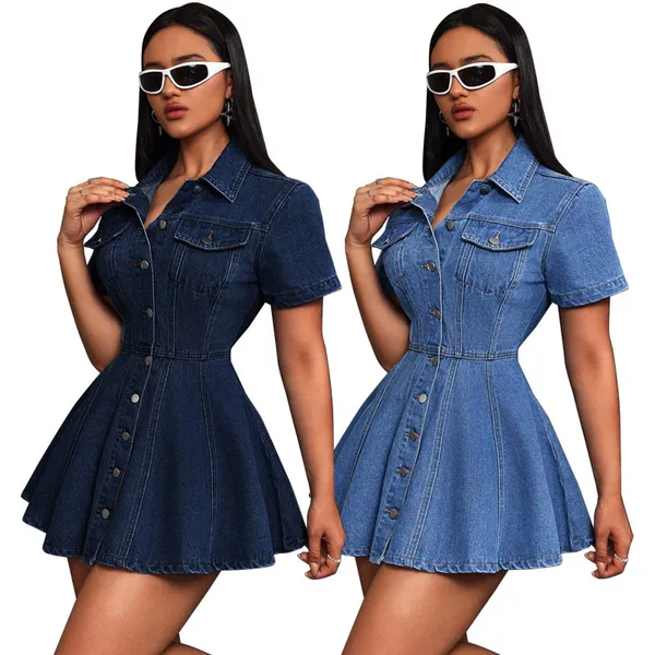 vestido midi Feminino Novo Estilo Jeans casual Cintura cinched Lapela Camisa De Manga Curta Saia