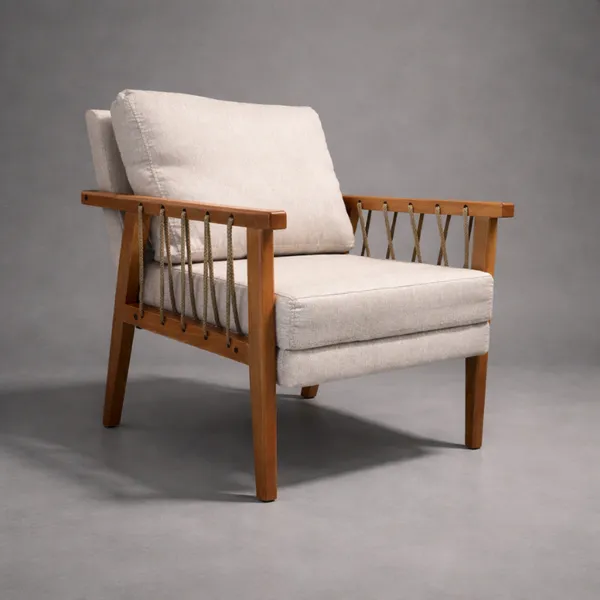 Poltrona Decorativa Linho Lumi Madeira Maciça Corda Náutica Sala Recepção Escritório Consultório