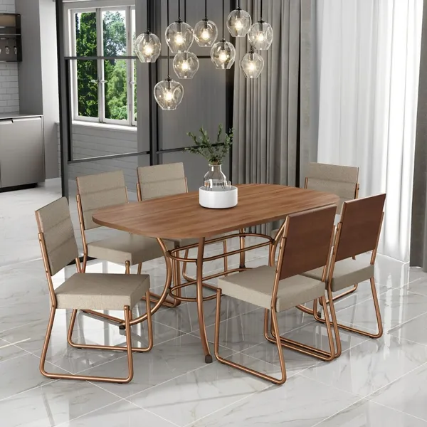 Conjunto Sala de Jantar Mesa e 6 Cadeiras Fênix Carraro Rose