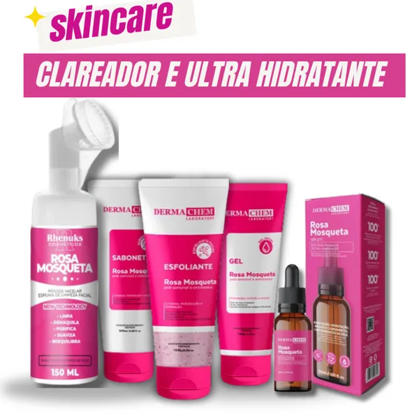 Kit Skincare Rosa Mosqueta CLAREADOR+Sérum Rosa Mosqueta 100% EFICACIA+Mousse Micelar R. Mosqueta Rhenuks-5 Itens