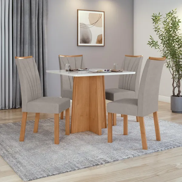 Conjunto Sala de Jantar Mesa Celebrare 90x90 Tampo Vidro/MDF com 4 Cad Apogeu Veludo Amendoa/off