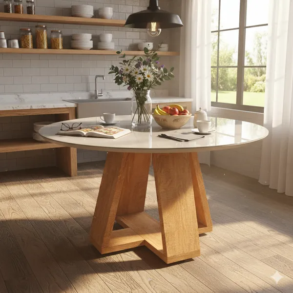 Mesa de Jantar Redonda 90cm com Tampo de Vidro e Pés em MDF – Off White ou Preto