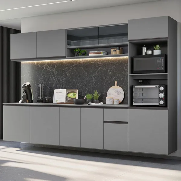 Armário de Cozinha Completa Suspenso 300cm Cinza Nice Madesa 03