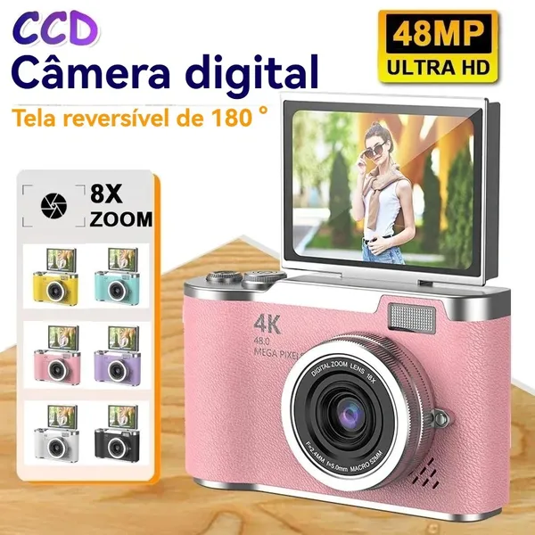 Câmera digital 4K CCD 8x 48MP com tela flip 180°