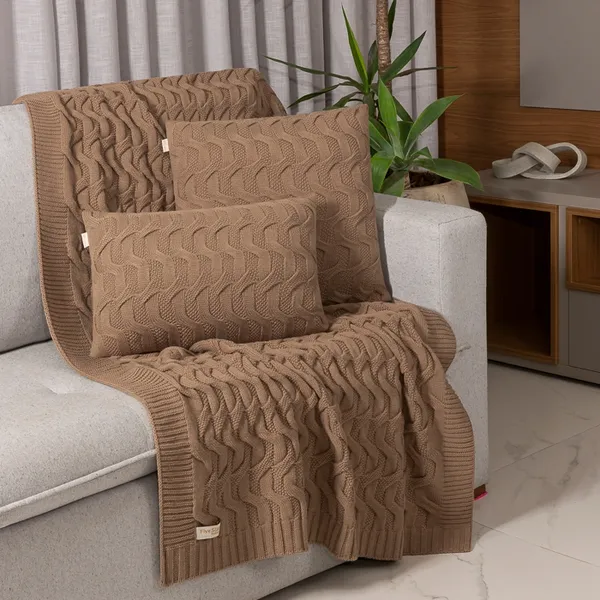 Kit Manta Sofa Quarto Sala Cama Decorativa Tricô + 2 Capas de Almofada Modelo Maldivas