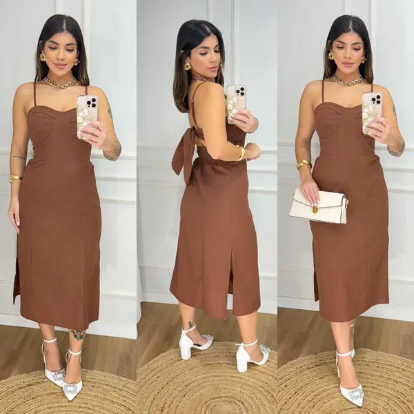 Vestido MIDI feminino elegante com fenda e alças reguláveis moda verão tendência 2025
