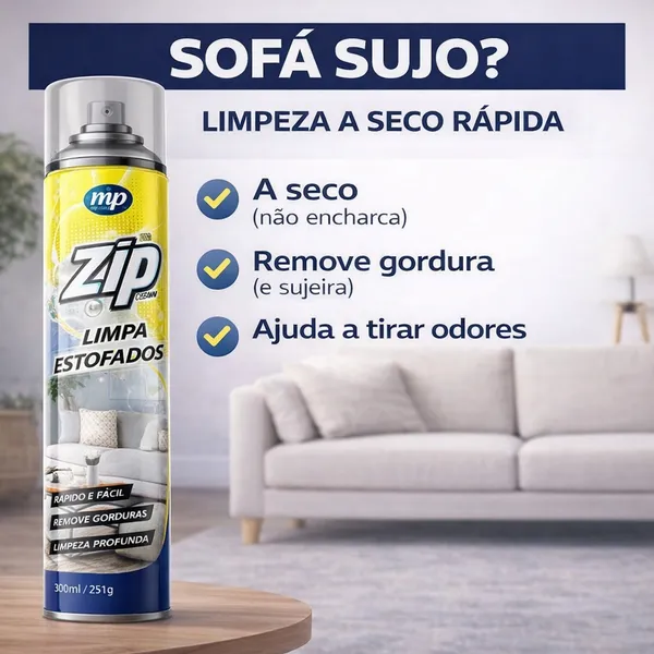 Limpa Estofados Zip Clean 300ml Espuma Spray Seco Sofá Banco Carro Remove Manchas Limpeza Profunda