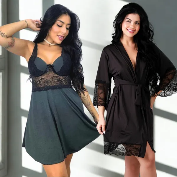 Kit Camisola com Bojo Alça Regulável + Robe Renda Luxo Lingerie Hobby Lua De Mel Noiva