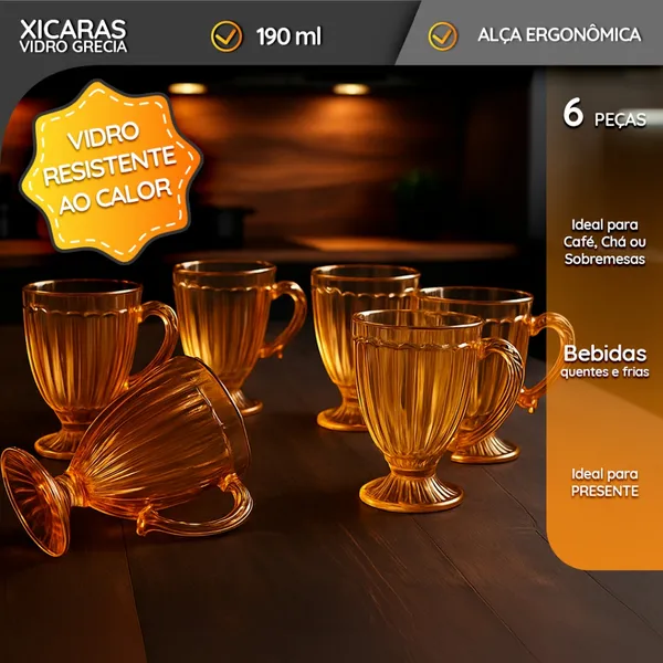 Kit 6 Xícaras Café Chá Cappuccino Vidro 190ml Grécia Design Retrô