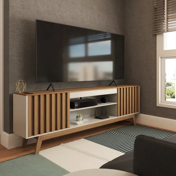 Rack para TV Até 60 Polegadas Ripado Seattle Retrô 2 Portas 1 Prateleira Off White/Freijó - Panorama Móveis