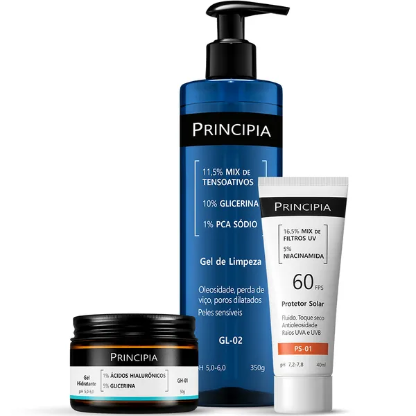 Principia Kit Rotina Essencial Gel hidratante GH-01 + Protetor Solar PS-01 FPS60 + Gel de Limpeza GL-02