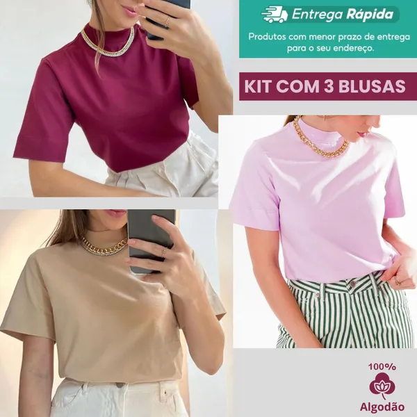 KIT COM 3 BLUSA CAMISETA T-SHIRT GOLA ALTA FEMININA MENEGOTTI 100% ALGODÃO BLUSINHA