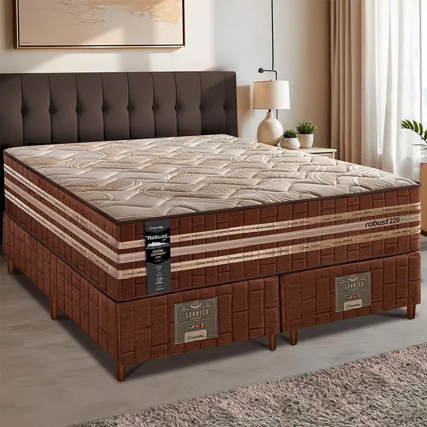 Cama Box Queen Colchão + Box 158x198x76 com Espuma Látex Robust Gel 220 Caramelo Cama inBox