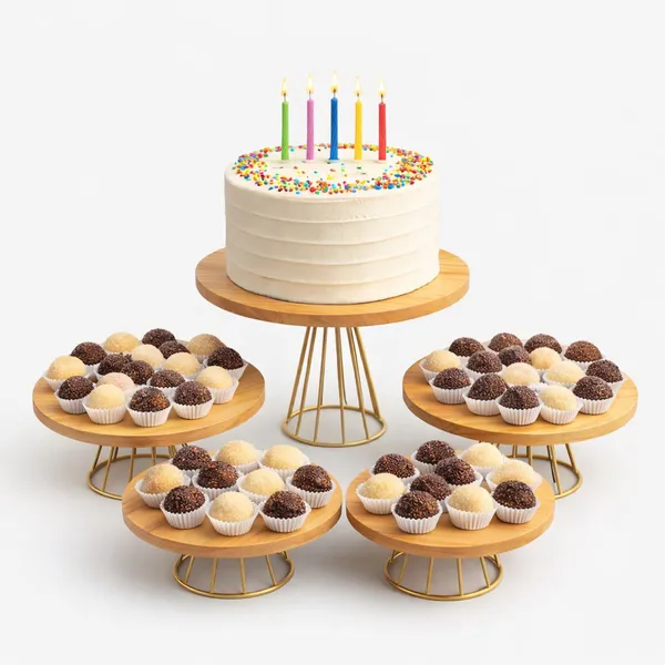 Kit Boleira para Festa com Suportes para Doces – Base de Madeira e Metal Dourado