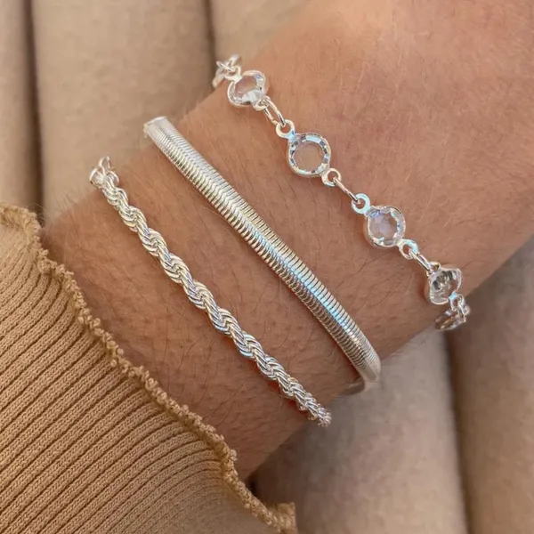 Kit Pulseira Tifani Cristal Maleavel Cordão Baiano a Prata 925