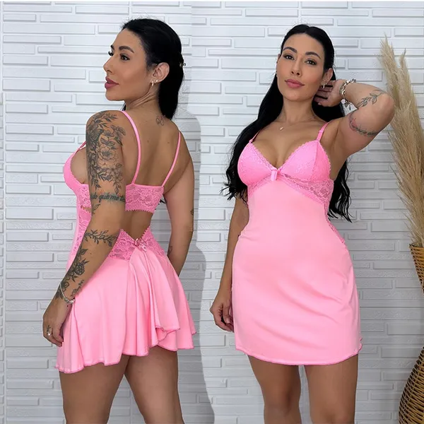 Camisola Noite Romântica Renda Lingerie Sensual Feminina Baby Doll De Dormir Confortável
