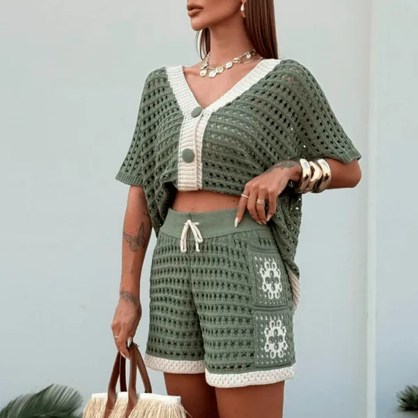 Conjunto Feminino Elegante Blusa Camisa Decote V Botão Manga Curta Casual Tricot Vazado Short Forro