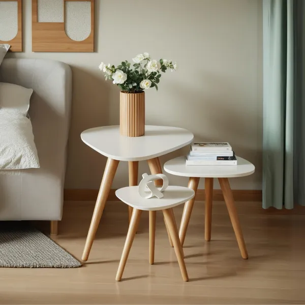 Trio de Mesinhas Jogo Lateral Sala Pé Palito Retro Tampo Orgânico