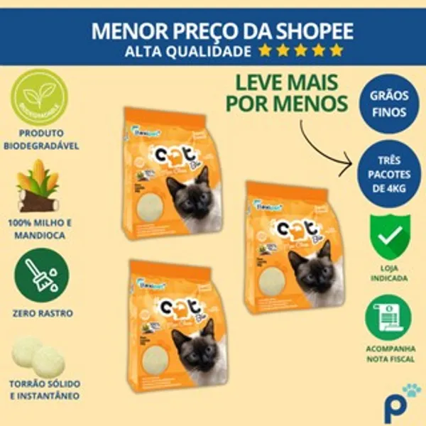 Areia Higiênica Biodegradável Catbio 12 Kg (3 pacotes de 4 kg) - Max Clean - Grãos Finos - novo