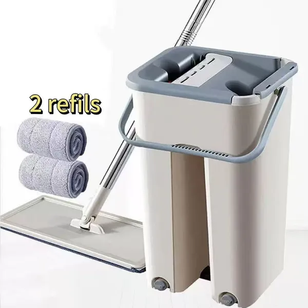 Esfregão Flat Mop com Balde, Cabo Extensivel Inox e 2 Refis