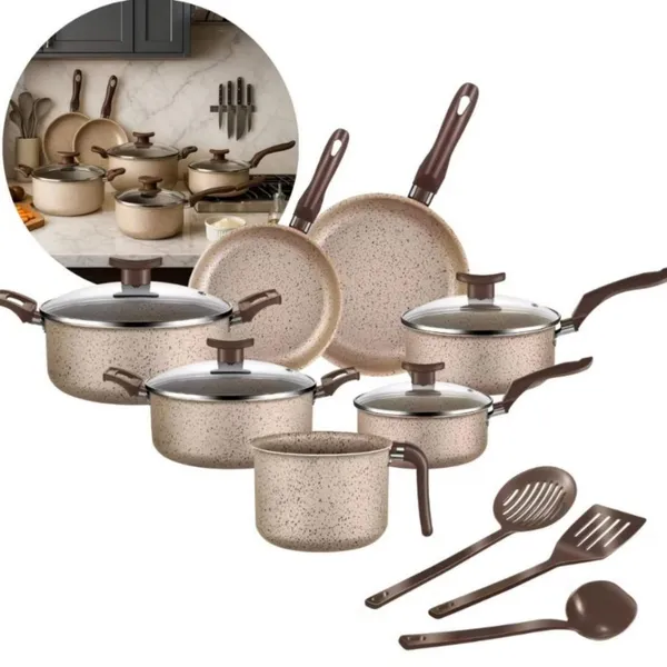 Jogo De Panelas 10 Peças Antiaderente Conjunto Caçarola Frigideira Fervedor Cor Coffee Cappuccino Kit Talheres