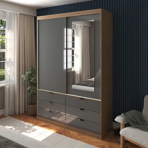 Guarda-Roupa de Solteiro Moderno com Espelho 2 Portas de Correr 6 Gavetas MDF