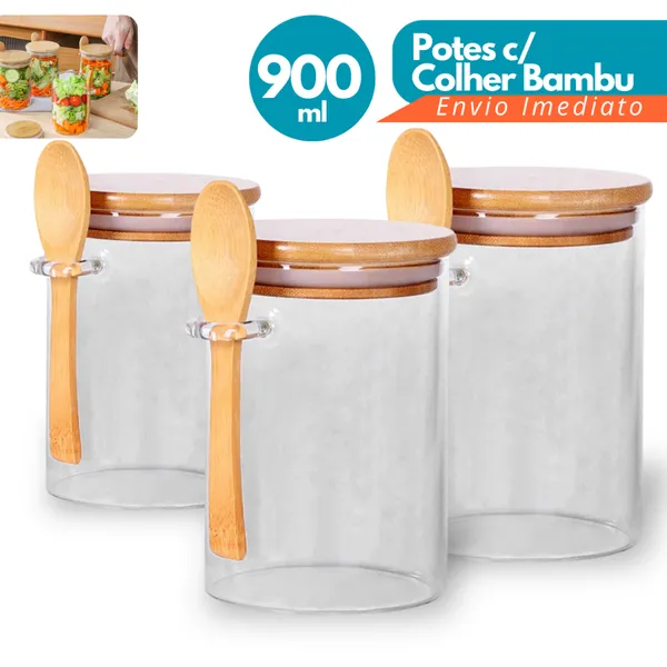 Pote/Colher de Vidro com Tampa de Bambu Grosso c/Colher 900ml Porta Temperos Saleiro