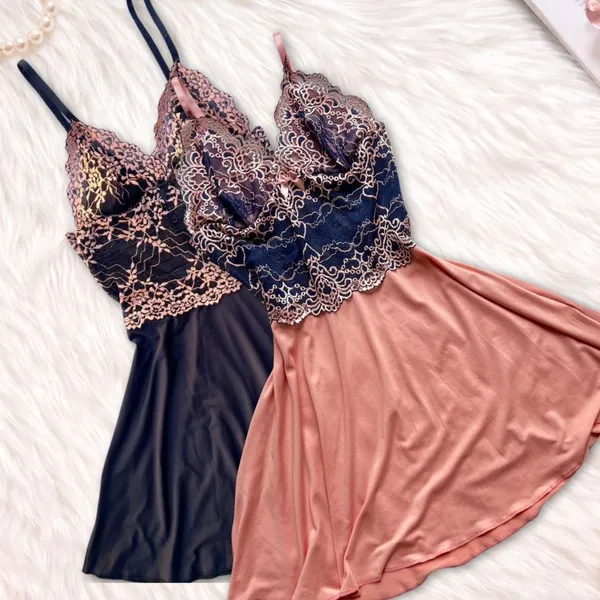 Mit Lingerie Kit 2 Vestido Camisola Sensual De Renda Sem Bojo Com Microfibra e Regulagem