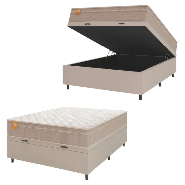 Cama Box Baú Casal Colchão Molas Qatar 138x188x63cm Bege/Branco Inducol - Suporta Até 200 Kg Por Pessoa
